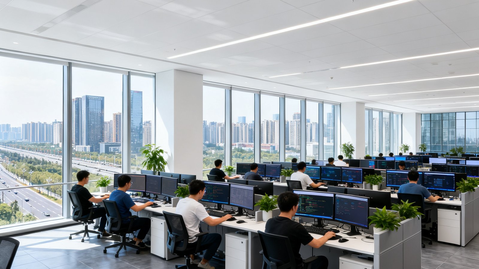 雷速比分位于成都高新区紫光大厦12层的现代化办公空间，开放式工位区约800平方米，数十位工程师正在多屏工作站前专注工作，窗外可见天府大道城市景观